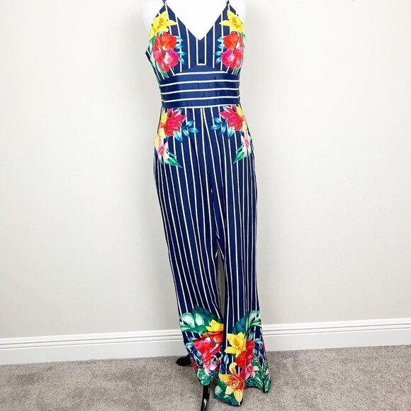 Chicways Pants - Chicways Floral and Striped Jumpsuit Size Large Hibiscus Flower Vneck blue